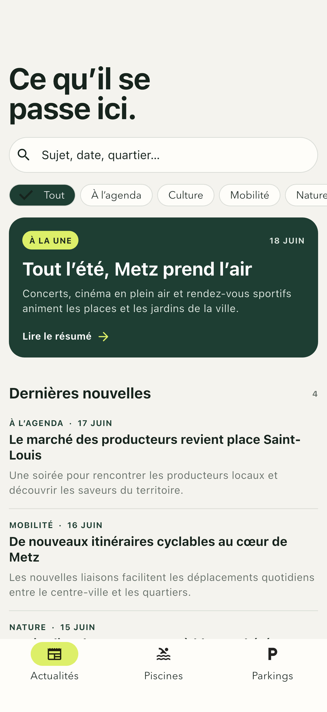 Écran des actualités locales dans ICI. METZ