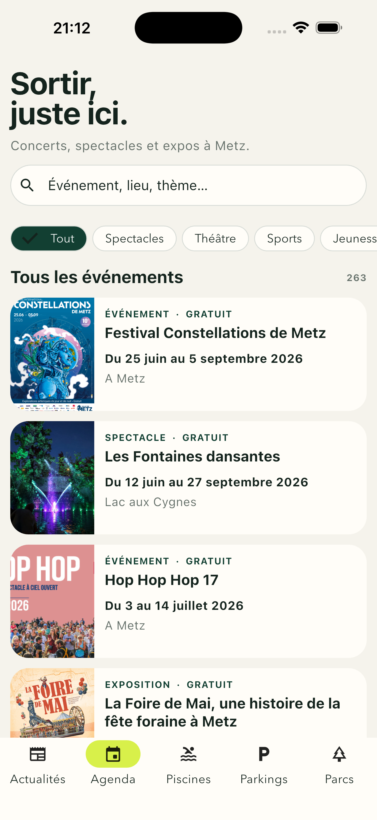 Écran de l’agenda culturel et sportif dans ICI. METZ